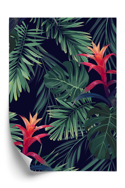 Papier peint Motif floral avec fleurs de guzmania, monstera et feuilles de palmier