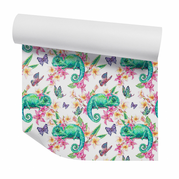 Papier peint Caméléon avec des fleurs et des papillons