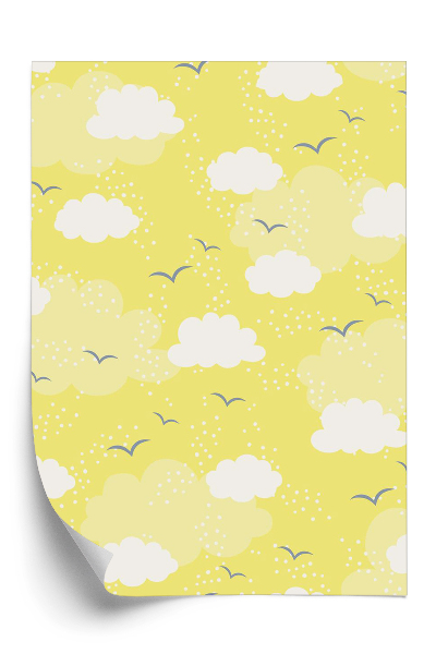 Papier peint Motif de nuages et d'oiseaux sur fond jaune