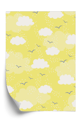 Papier peint Motif de nuages et d'oiseaux sur fond jaune