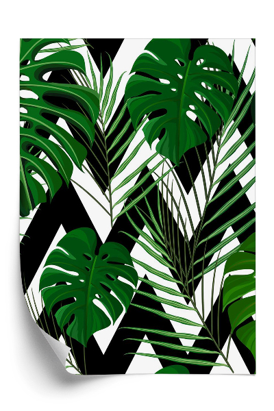 Papier peint Motif tropical avec des feuilles de palmier exotiques et des monstres