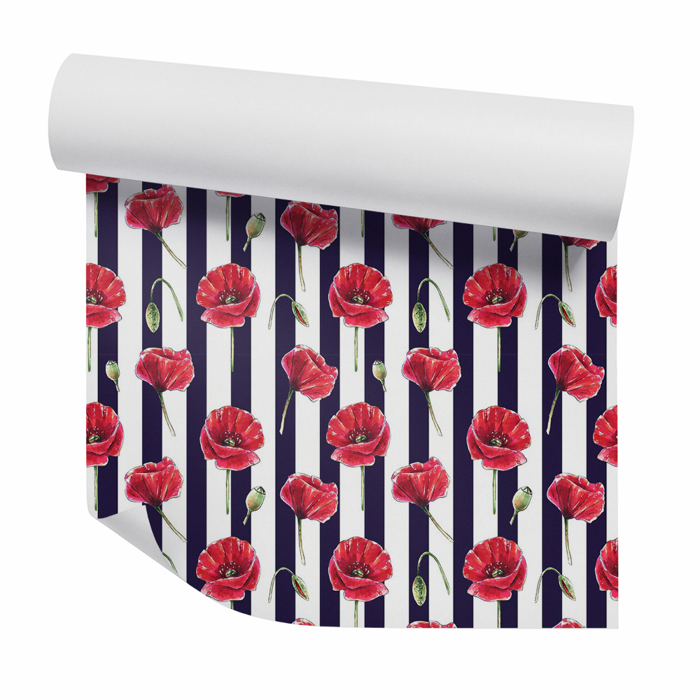 Papier peint Fleurs rouges sur bandes verticales