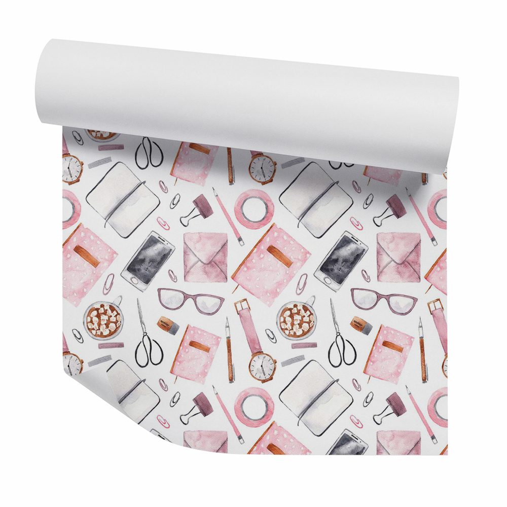 Papier peint Fournitures scolaires roses