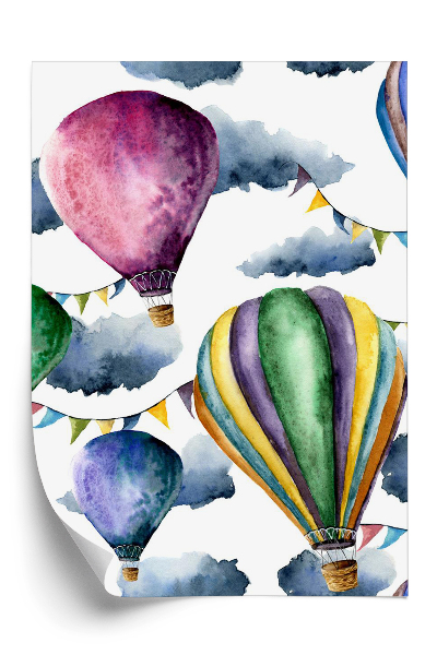 Papier peint Motif aquarelle avec montgolfières et nuages