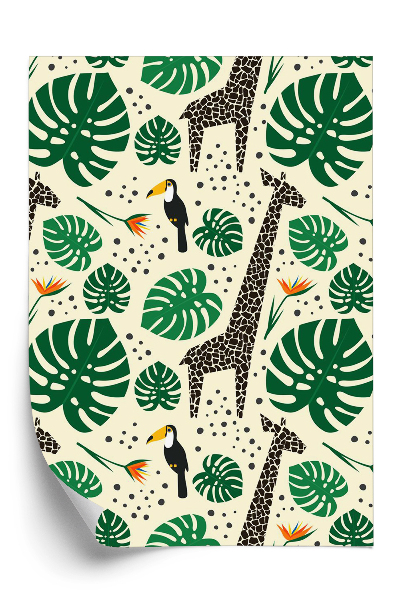 Papier peint Girafes, toucans et feuilles de palmier