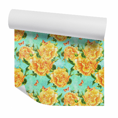 Papier peint Fleurs décoratives jaunes et papillons