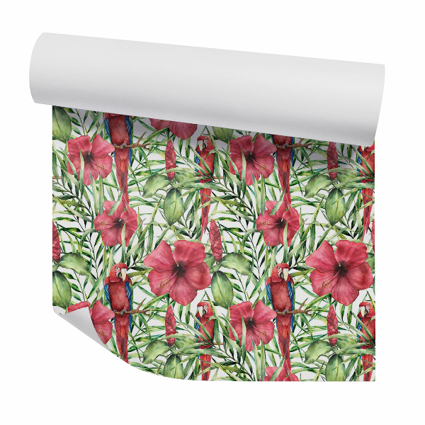 Papier peint Perroquets par des fleurs rouges