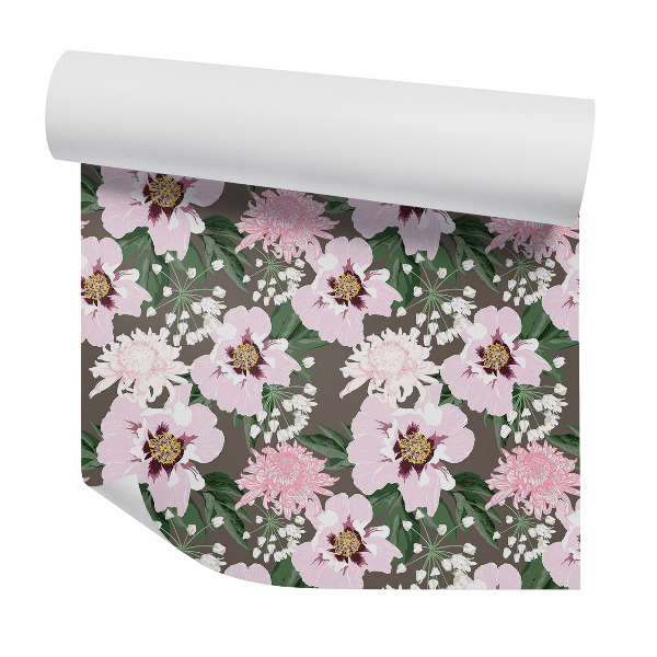 Papier peint Fleurs roses sur fond brun