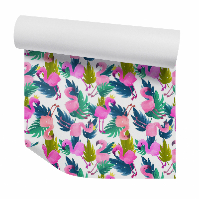 Papier peint Flamants roses sur feuilles colorées
