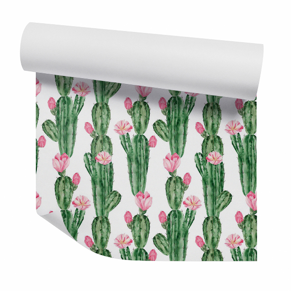 Papier peint Cactus avec fleurs roses