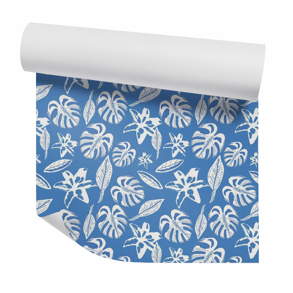 Papier peint Feuilles de fleurs exotiques fond bleu