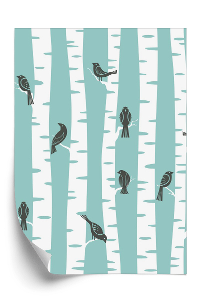 Papier peint Forêt et oiseaux sur fond bleu