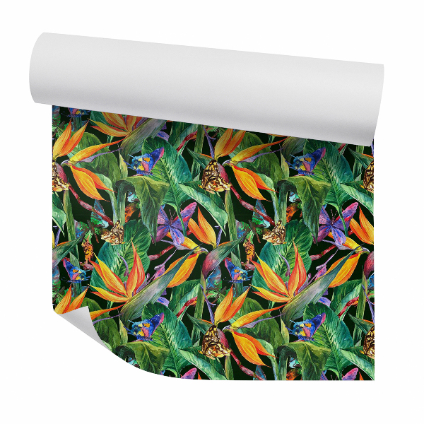 Papier peint Fleurs tropicales orange et bleues