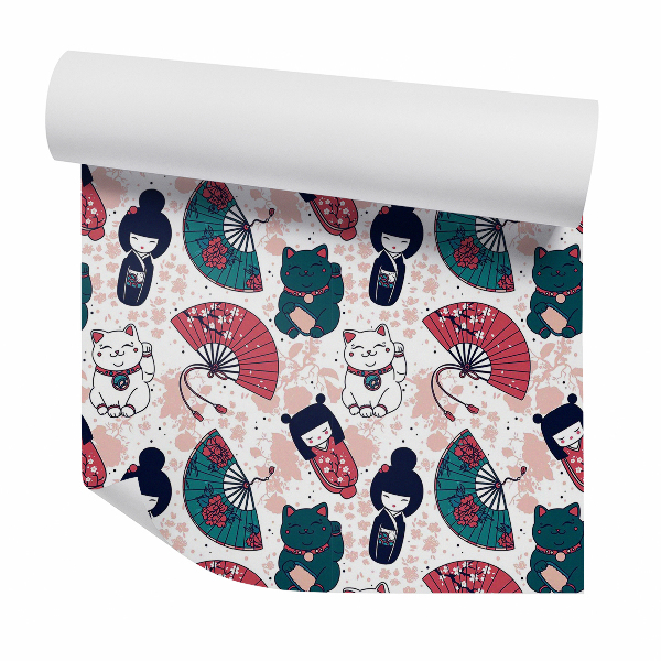 Papier peint Motifs japonais femme et chaton