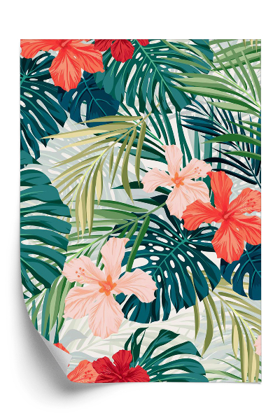 Papier peint Fleurs colorées et feuilles de monstera