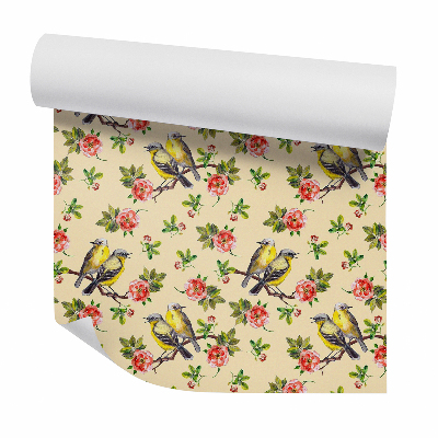 Papier peint Oiseaux jaunes avec fleurs rouges