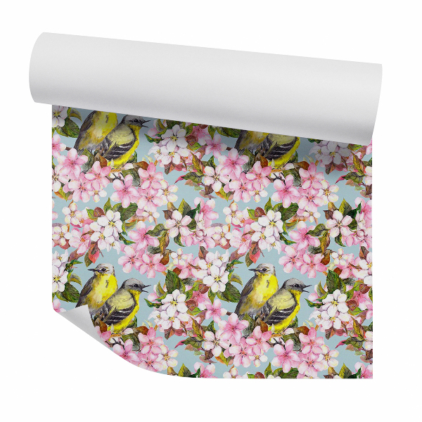 Papier peint Paire d'oiseaux dans des cerisiers en fleurs