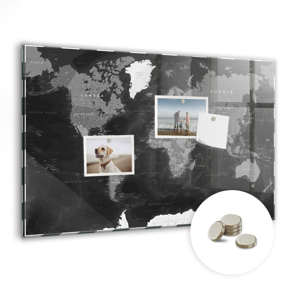 Tableau d'affichage magnétique Carte du monde en noir et blanc