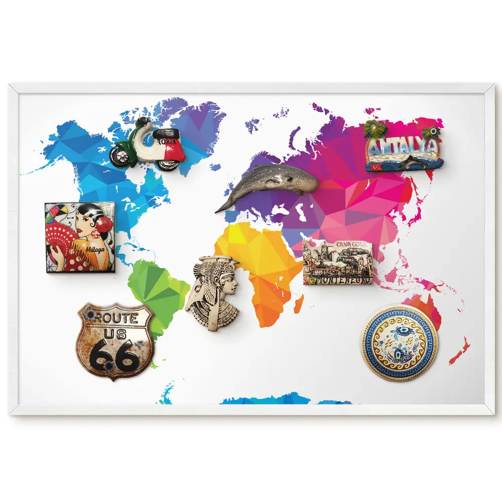 Tableau magnétique décoratif avec cadre motif carte du monde géométrique colorée