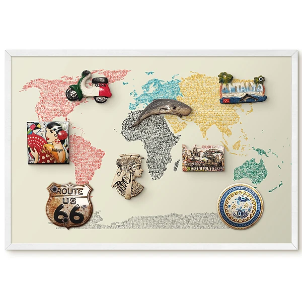 Tableau magnétique décoratif carte du monde colorée avec cadre
