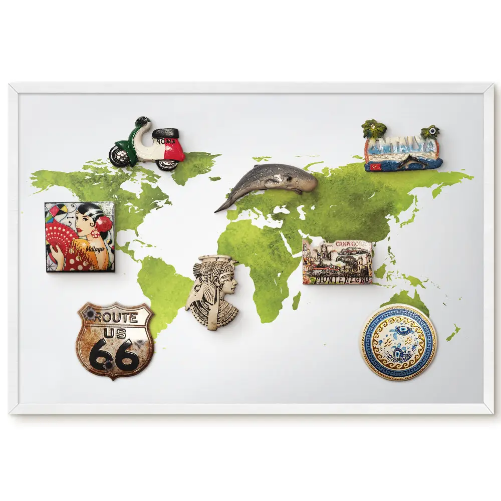 Tableau magnétique décoratif avec cadre motif carte du monde aquarelle verte