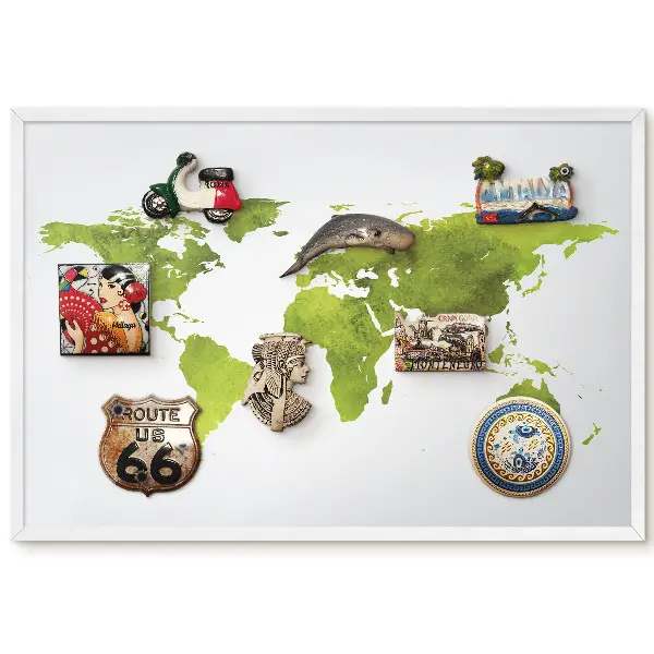 Tableau magnétique décoratif avec cadre motif carte du monde aquarelle verte