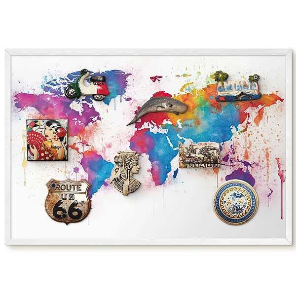 Tableau magnétique décoratif motif carte du monde à l'aquarelle avec cadre