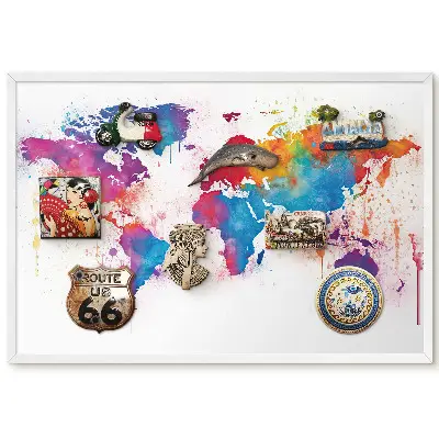Tableau magnétique décoratif motif carte du monde à l'aquarelle avec cadre