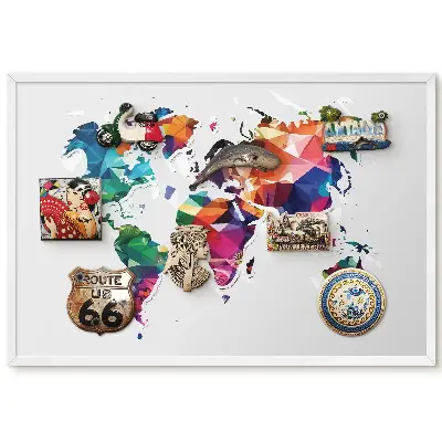 Tableau magnétique décoratif avec cadre motif carte du monde géométrique colorée