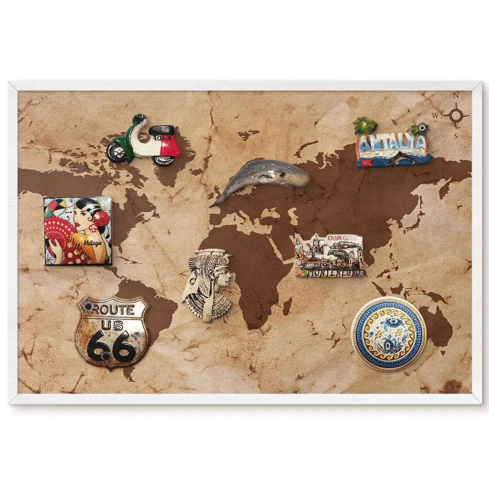 Tableau magnétique carte du monde dans les tons beige et marron