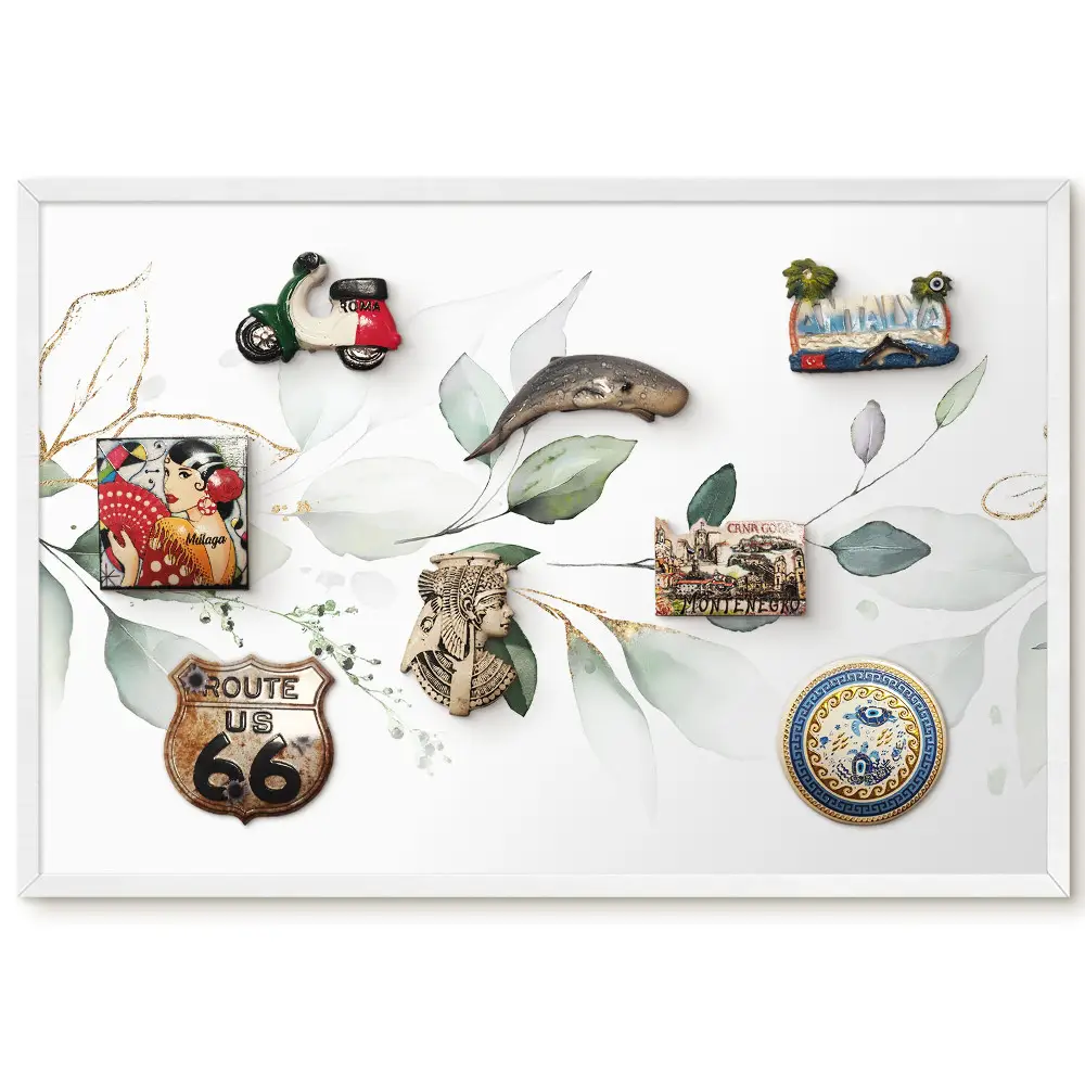 Tableau magnétique décoratif avec cadre motif feuilles aquarelles vertes et grises