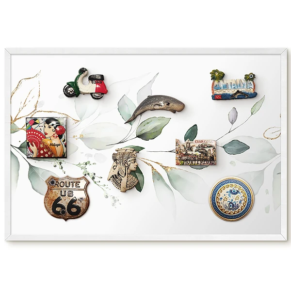Tableau magnétique décoratif avec cadre motif feuilles aquarelles vertes et grises