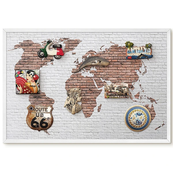 Tableau magnétique décoratif Carte du monde avec cadre sur mur de briques