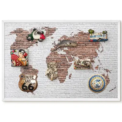 Tableau magnétique décoratif Carte du monde avec cadre sur mur de briques