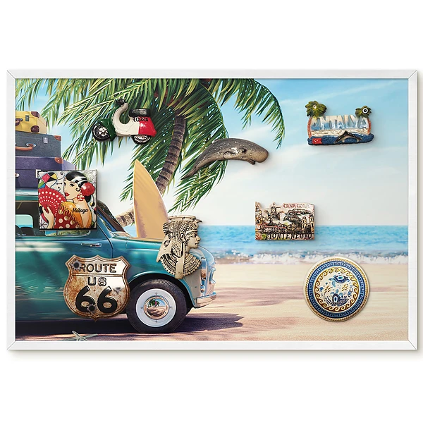 Tableau magnétique décoratif avec cadre motif plage voiture palmiers mer et aventure d'été