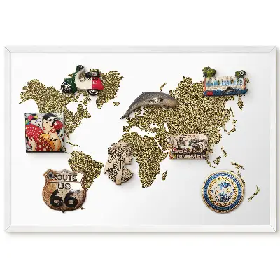Tableau magnétique décoratif avec cadre carte du monde en grains jaunes