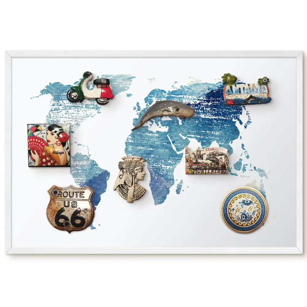 Tableau magnétique carte du monde à l'aquarelle bleue pour aimants