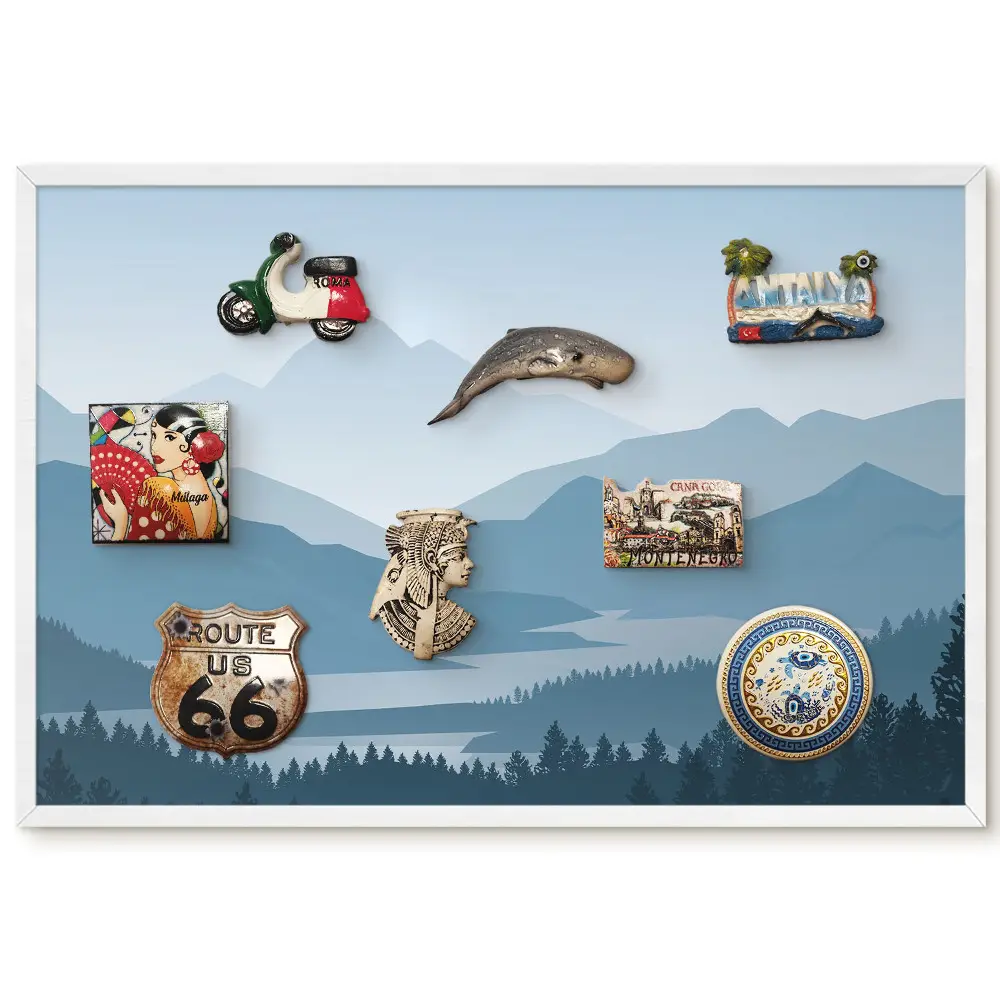 Tableau magnétique motif montagnes et forêts dans les tons bleus
