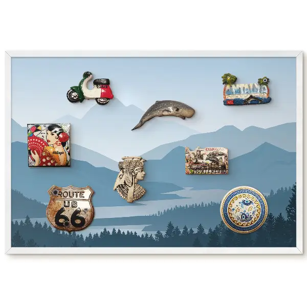 Tableau magnétique motif montagnes et forêts dans les tons bleus