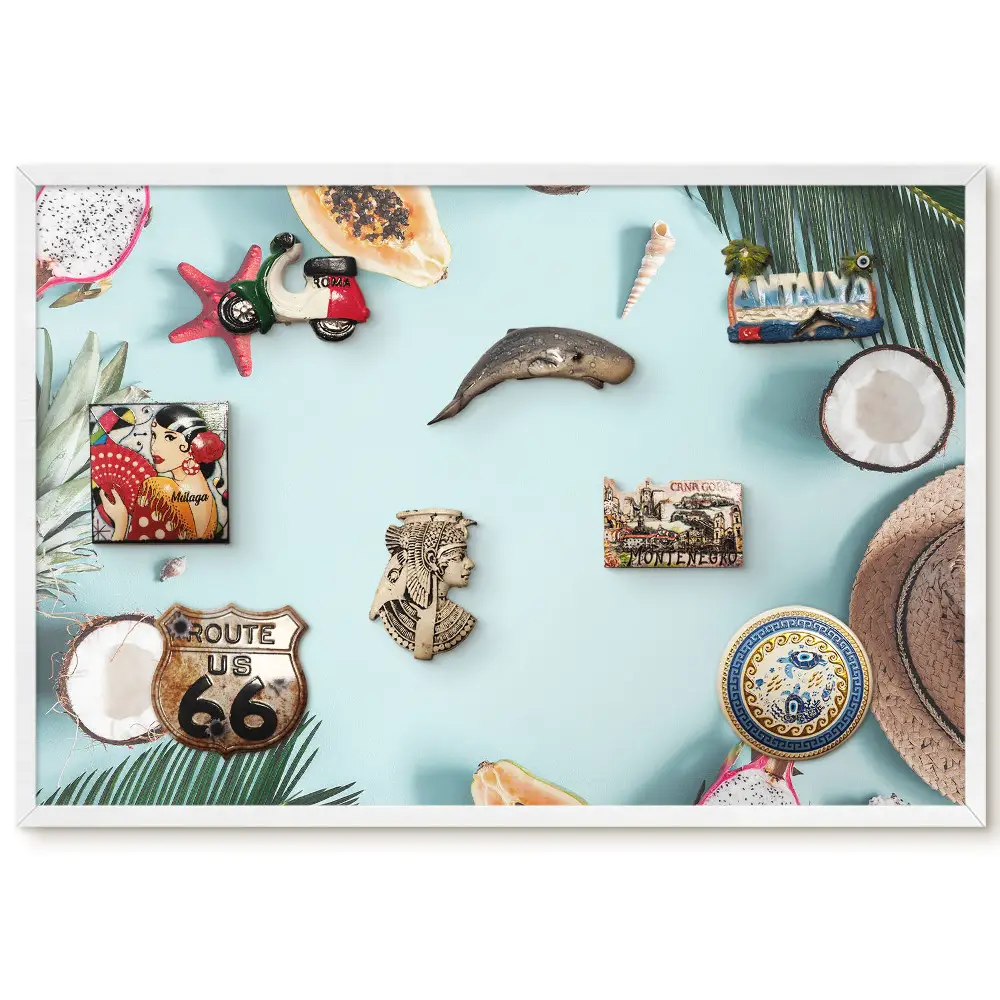 Tableau magnétique décoratif avec cadre motif fruits et coquillages sur fond pastel