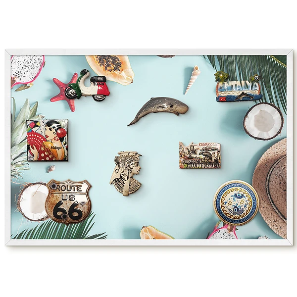Tableau magnétique décoratif avec cadre motif fruits et coquillages sur fond pastel