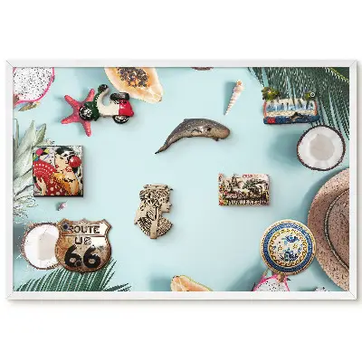Tableau magnétique décoratif avec cadre motif fruits et coquillages sur fond pastel