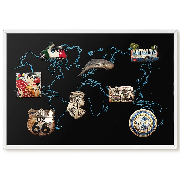 Tableau magnétique décoratif avec cadre carte du monde aux contours bleu clair