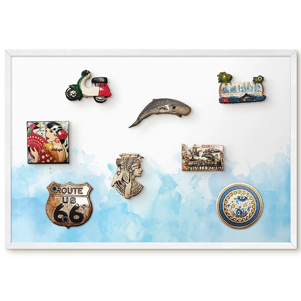 Tableau magnétique décoratif avec cadre motif paysage aquarelle bleu