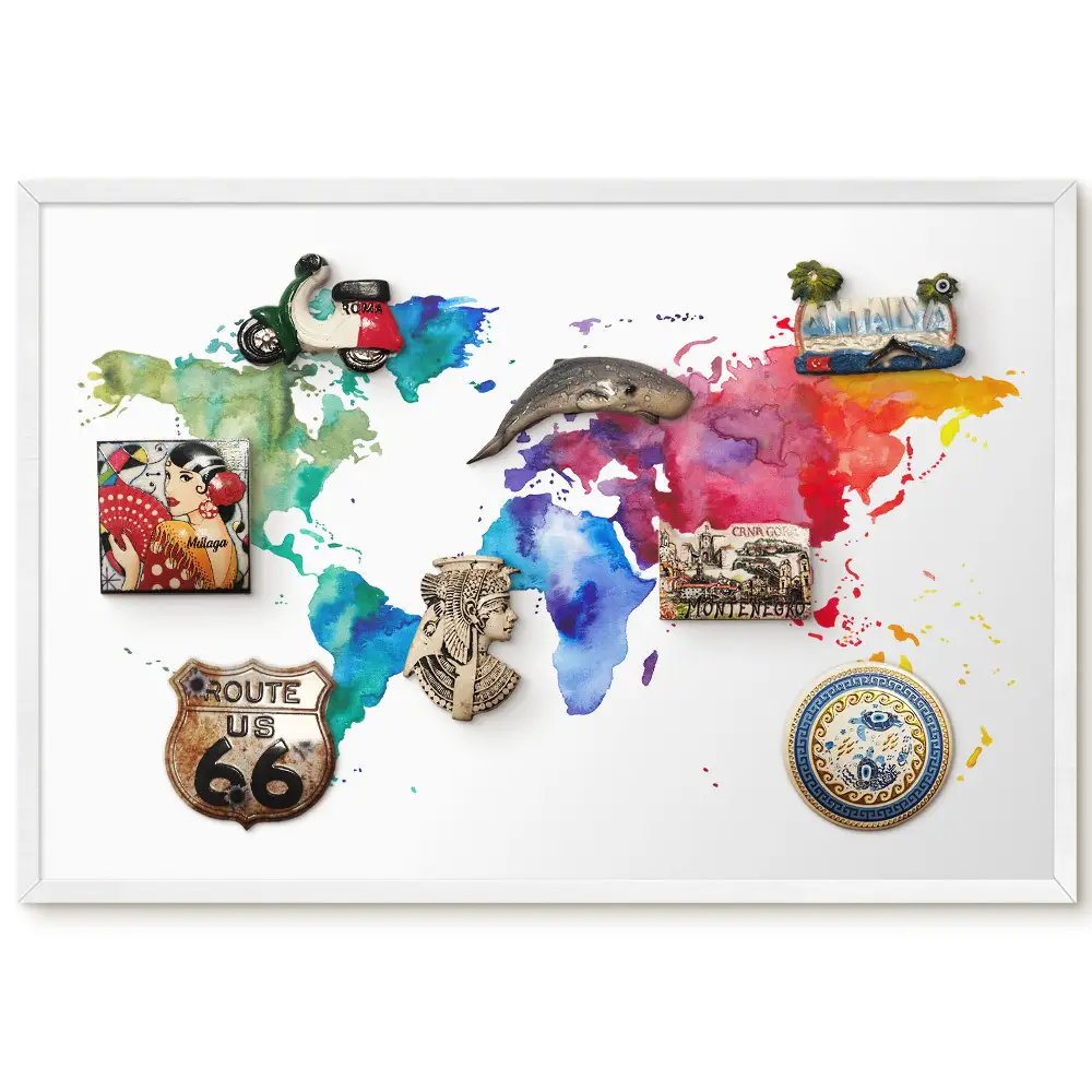 Tableau magnétique décoratif avec cadre motif carte du monde aquarelle