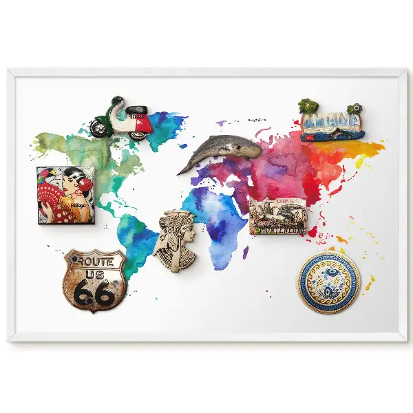 Tableau magnétique décoratif avec cadre motif carte du monde aquarelle