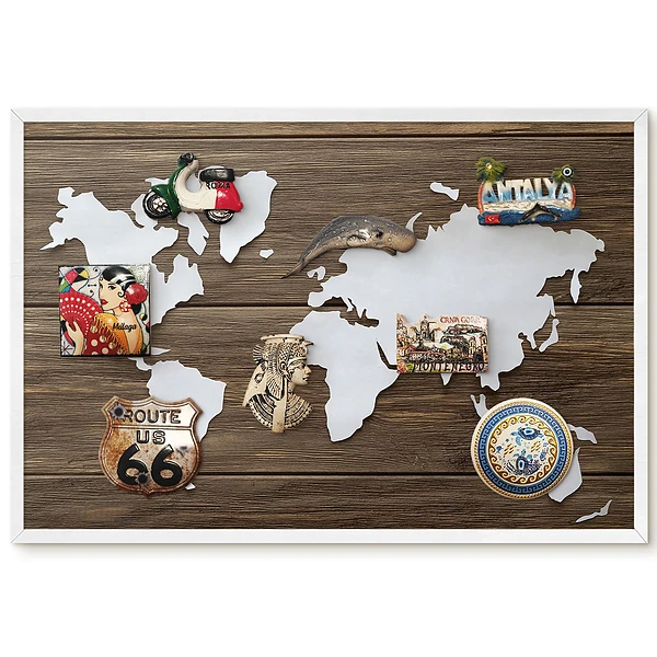 Tableau magnétique carte du monde en bois avec contraste blanc chaud