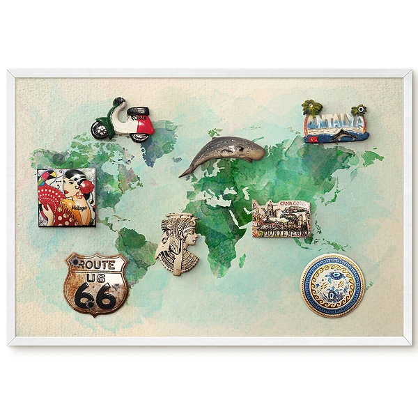 Tableau magnétique décoratif avec cadre motif carte du monde aquarelle vert