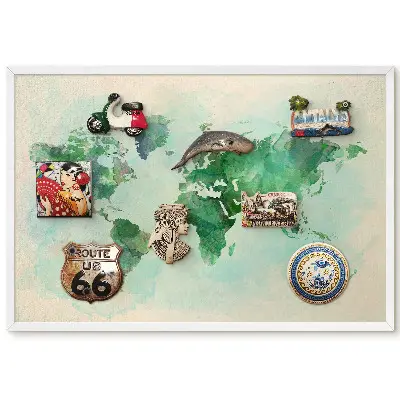 Tableau magnétique décoratif avec cadre motif carte du monde aquarelle vert