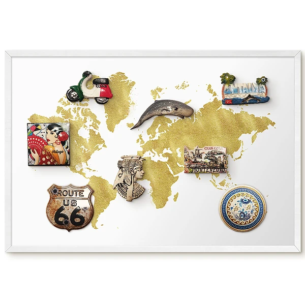 Tableau magnétique décoratif avec cadre motif carte du monde jaune sur fond blanc